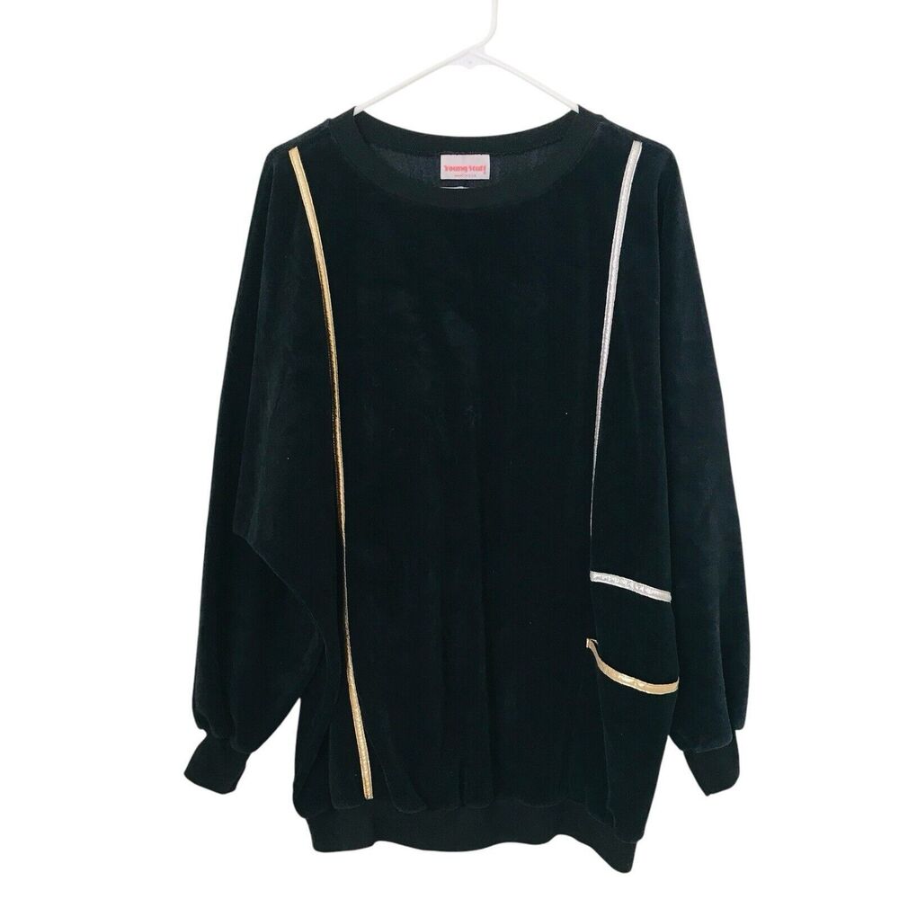 Young Stuff Vintage 80’s Sweatshirt Velvet Black Gold Silver USA Unisex Size L